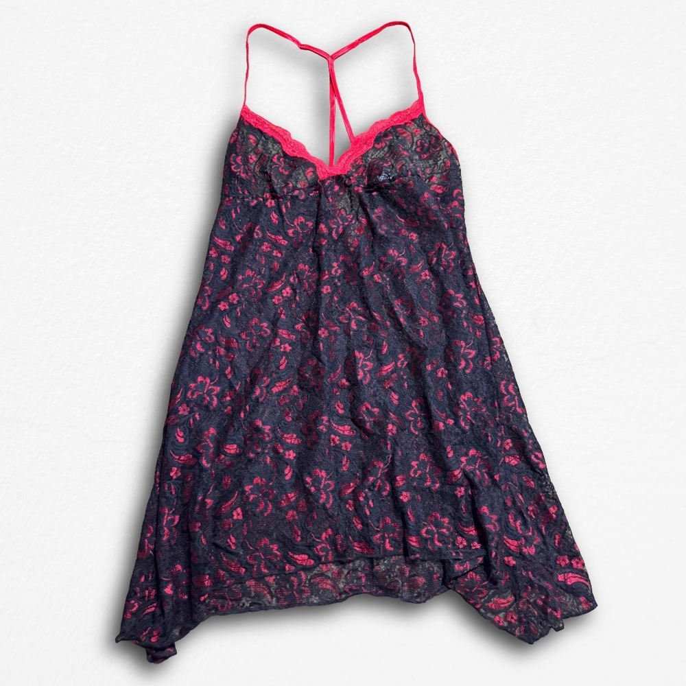 Secret Treasures Pink Navy Floral Lace Babydoll Chemise Sharkbite Hem‎ Large